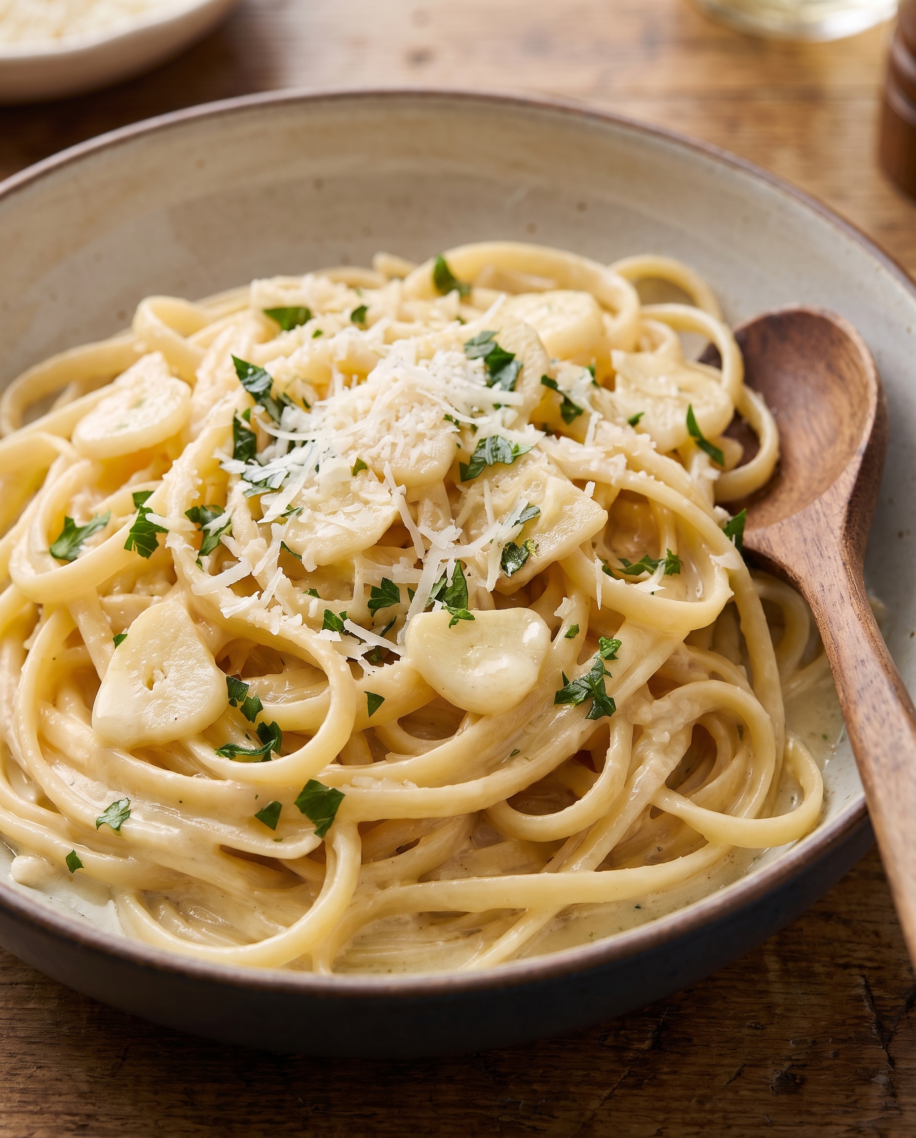 A close-up of creamy white wine garlic pasta in a deep bowl