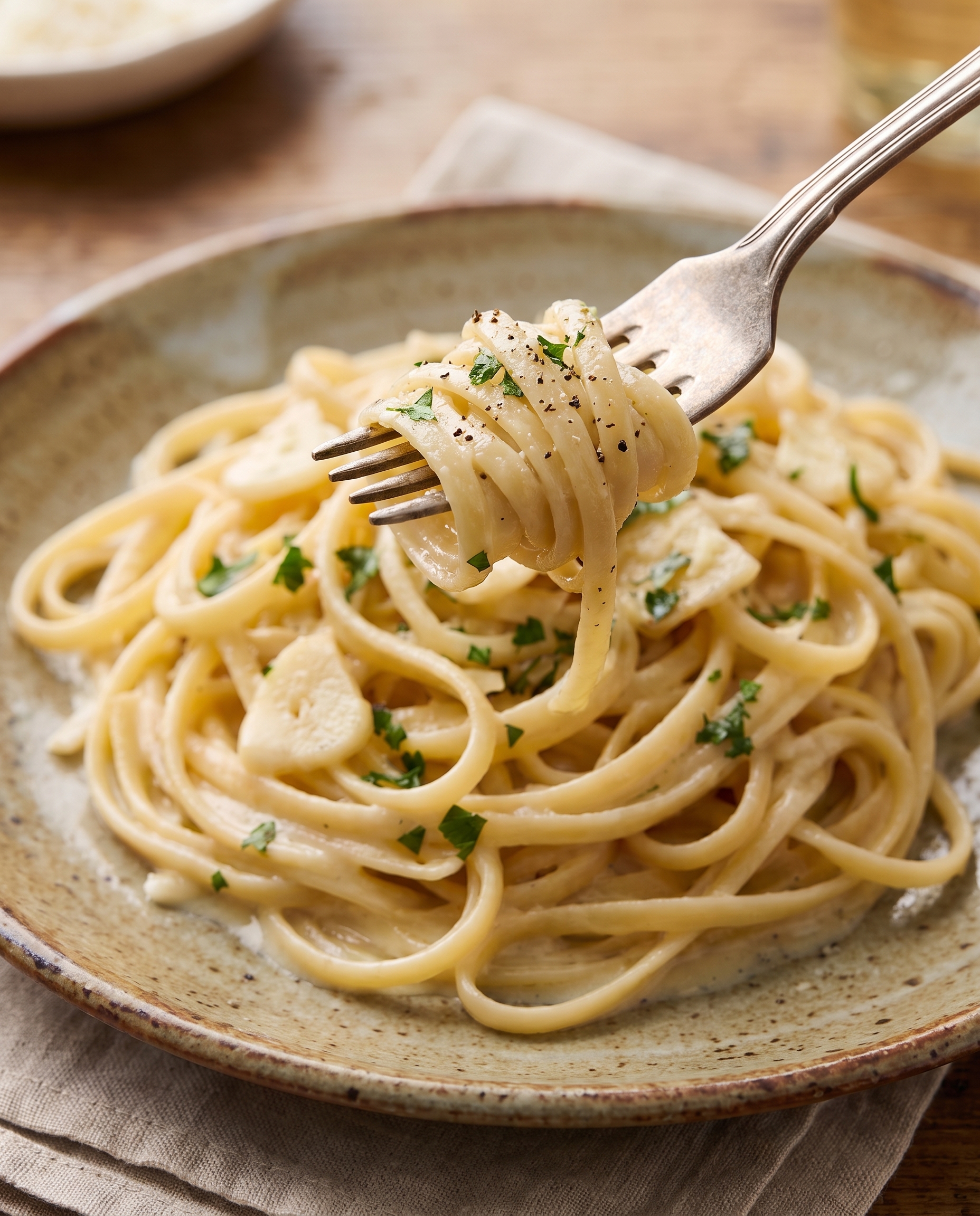 A fork twirled with creamy white wine garlic pasta