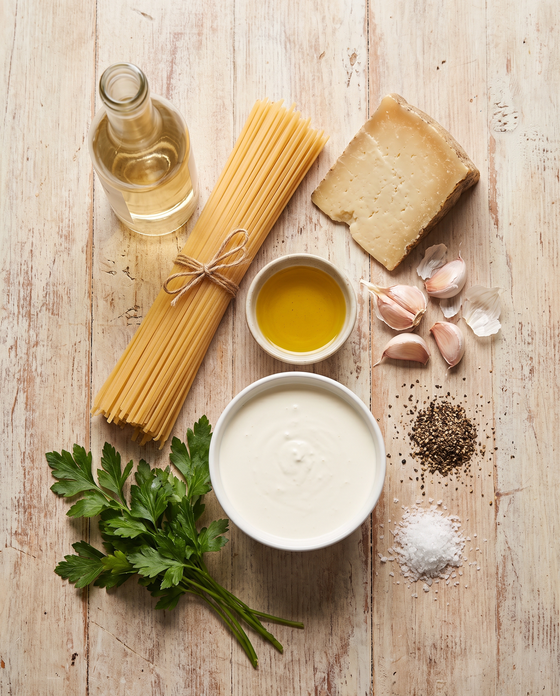 Ingredients for creamy white wine garlic pasta on a wooden table