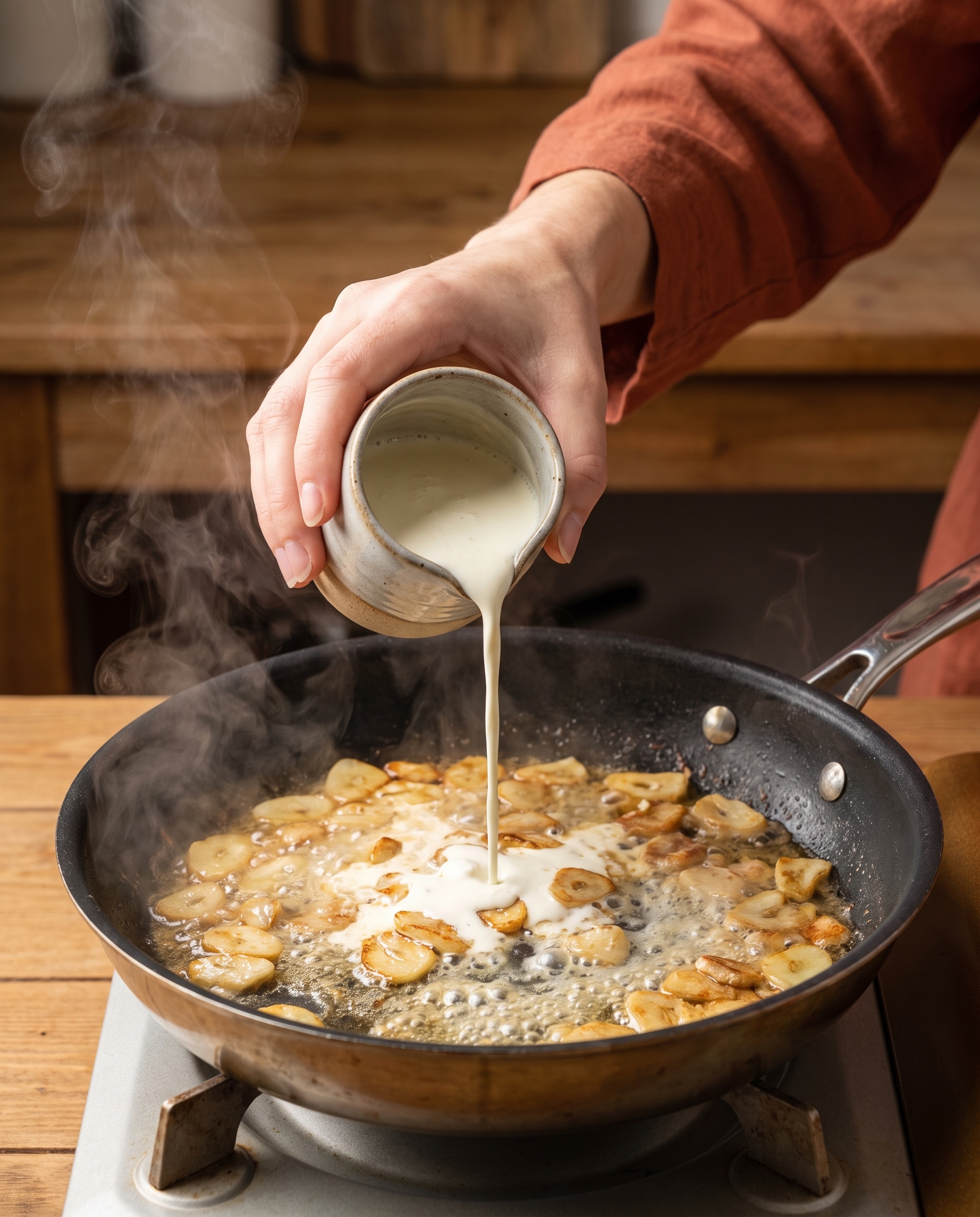 Pouring cream into the sauce pan for creamy white wine garlic pasta