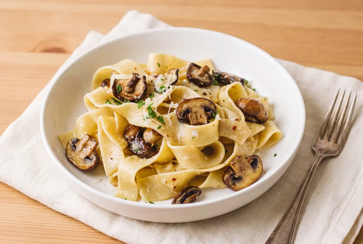 Garlic butter mushroom pappardelle in a white bowl on a cream linen napkin