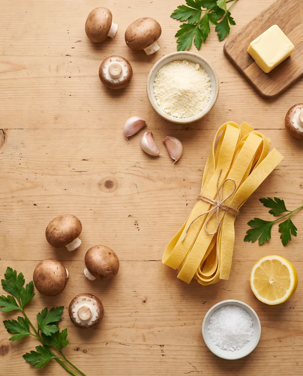 Top-down flat-lay of pappardelle, cremini mushrooms, garlic, parmesan, butter, parsley, and lemon on a wooden table
