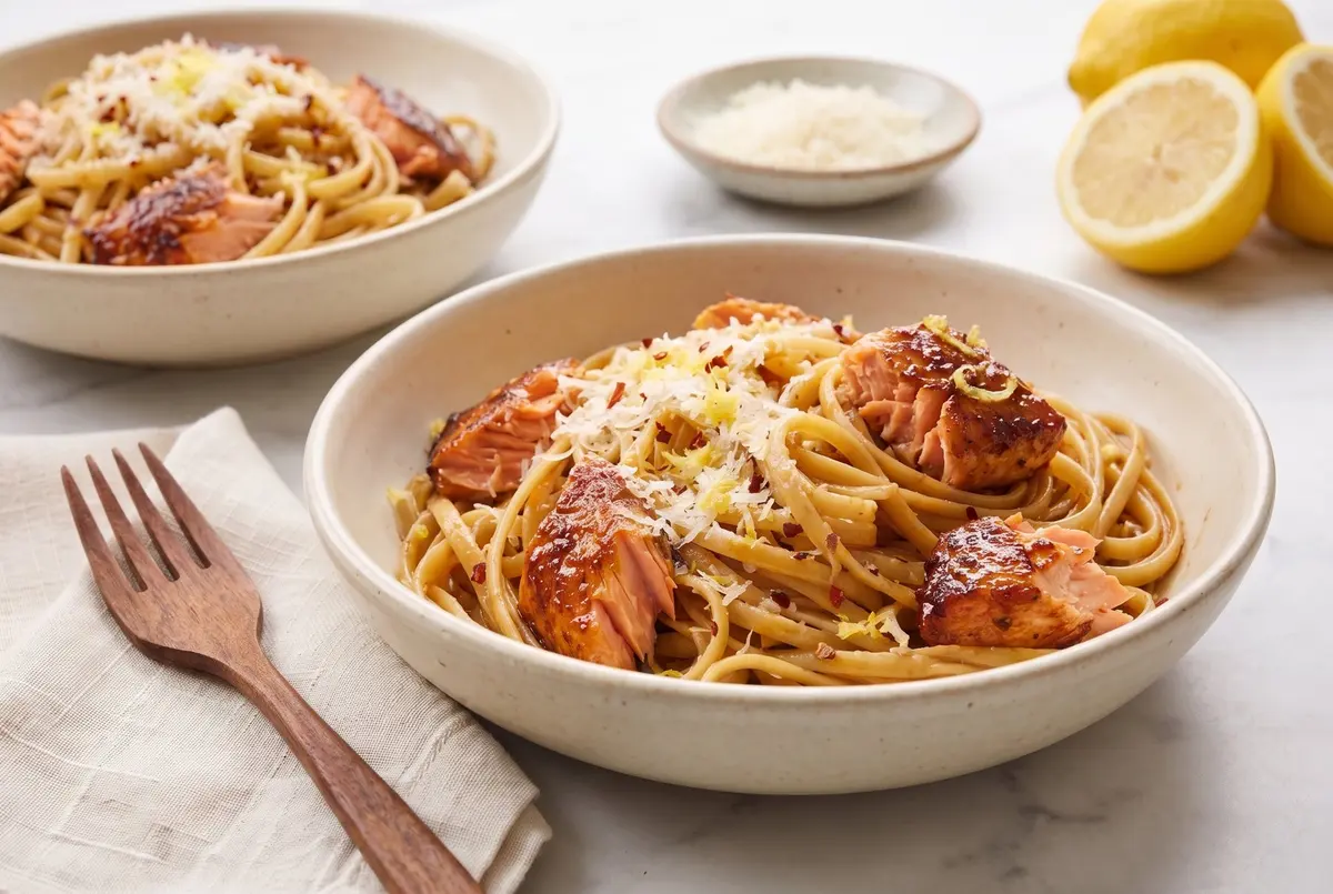 Side view of two bowls of salmon pasta on a marble table