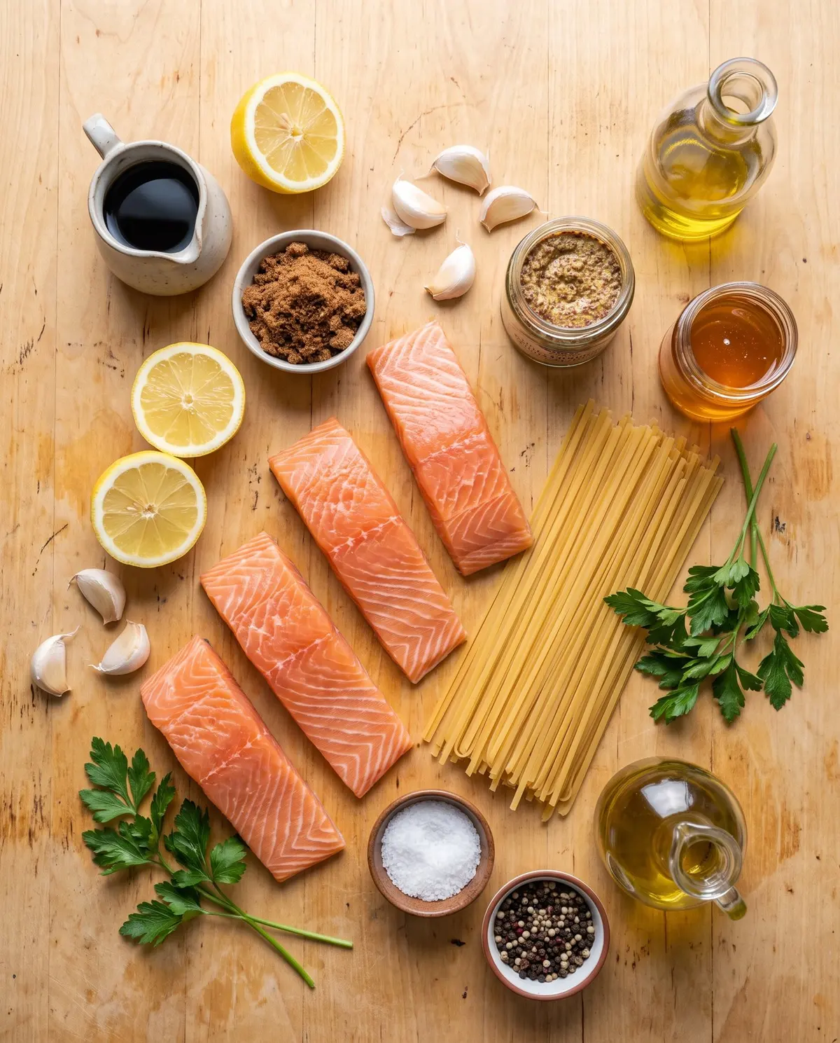 Ingredients for brown sugar glazed salmon pasta arranged on a wood table