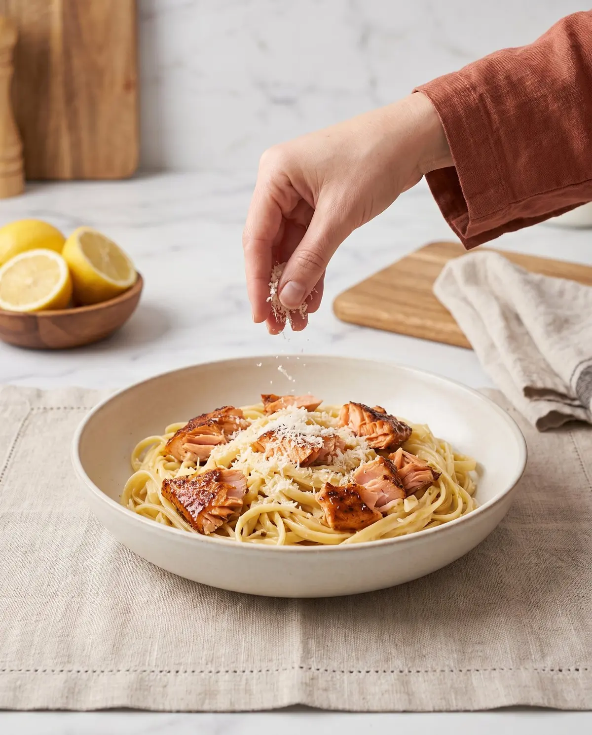 A woman sprinkling parmesan over the finished salmon pasta