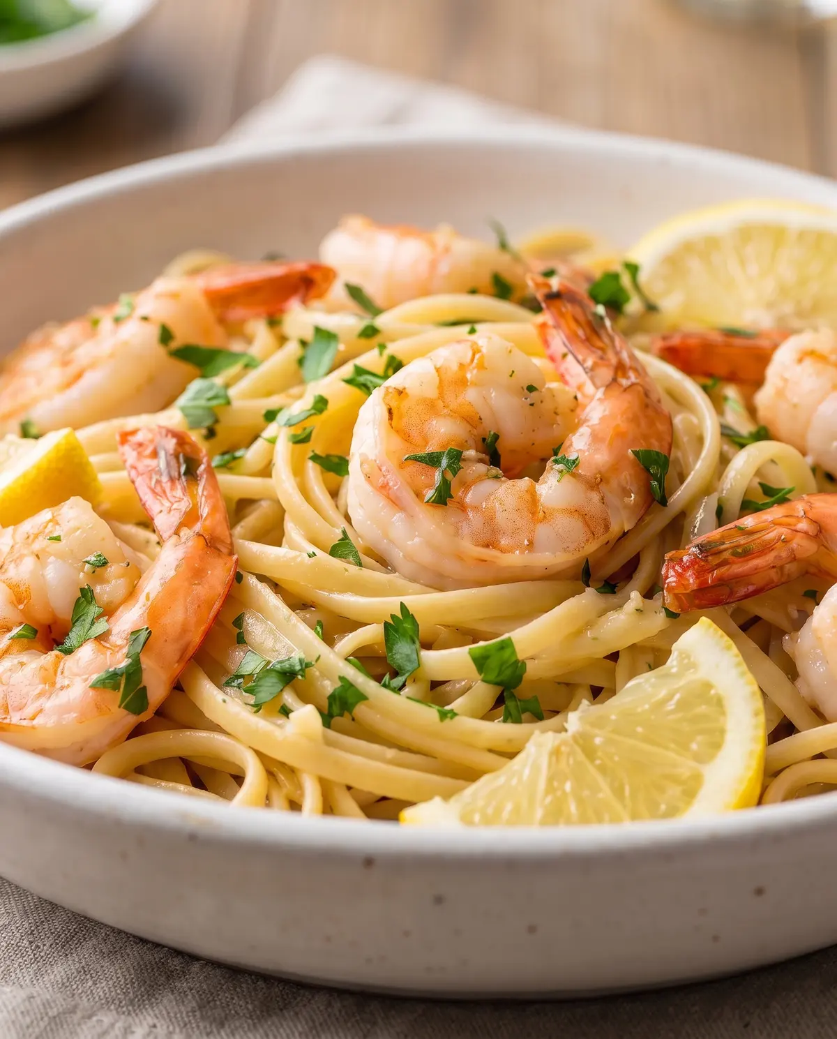 Shrimp Scampi Linguine from a low angle