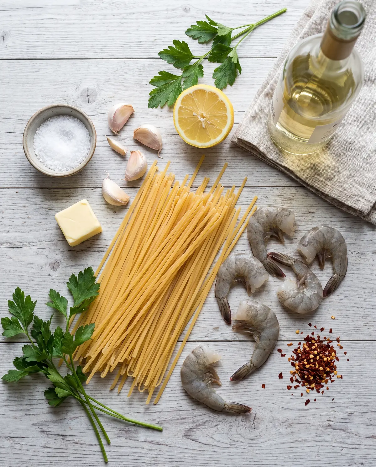 Ingredients for Garlic Butter Shrimp Scampi Linguine