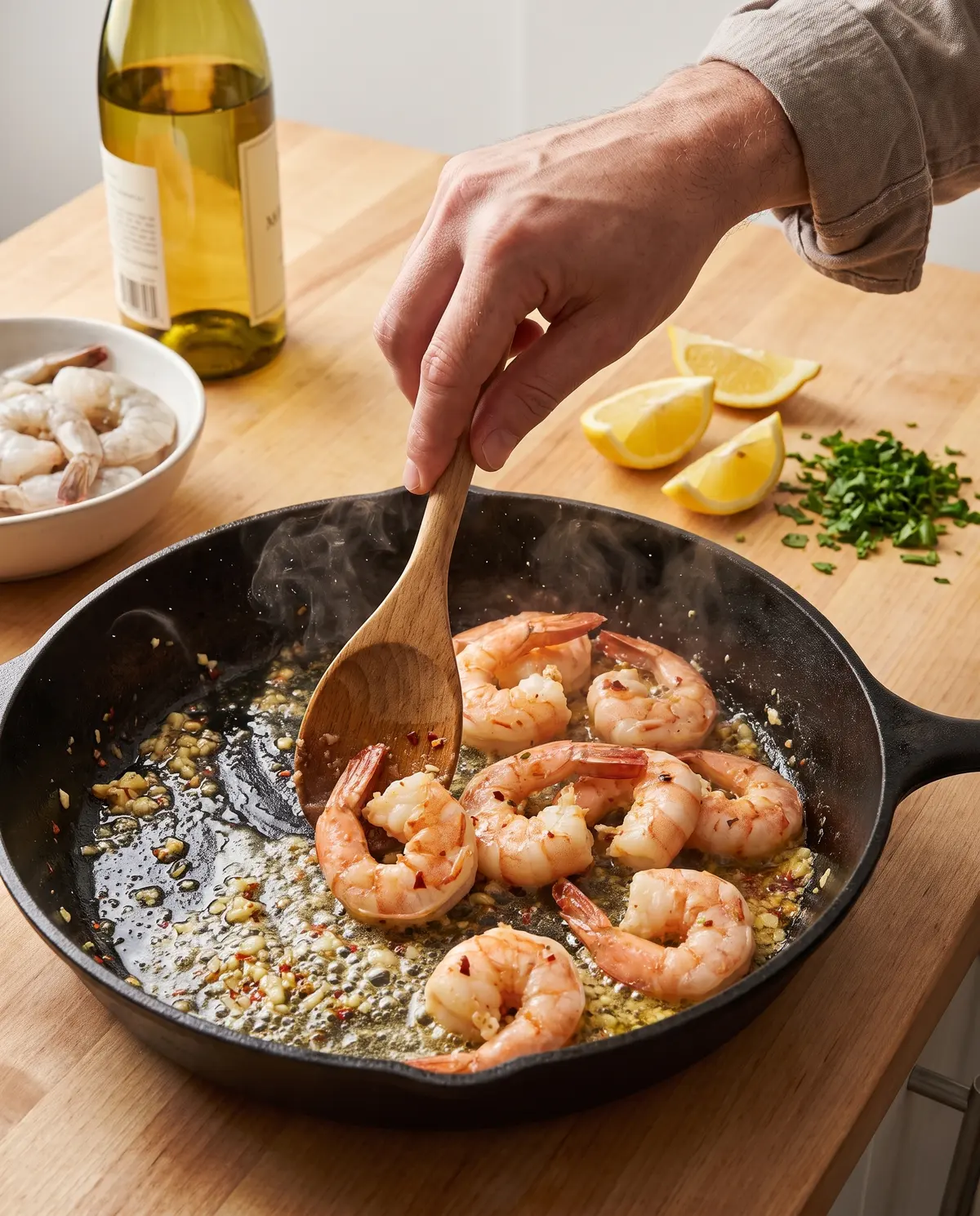 Searing shrimp for scampi