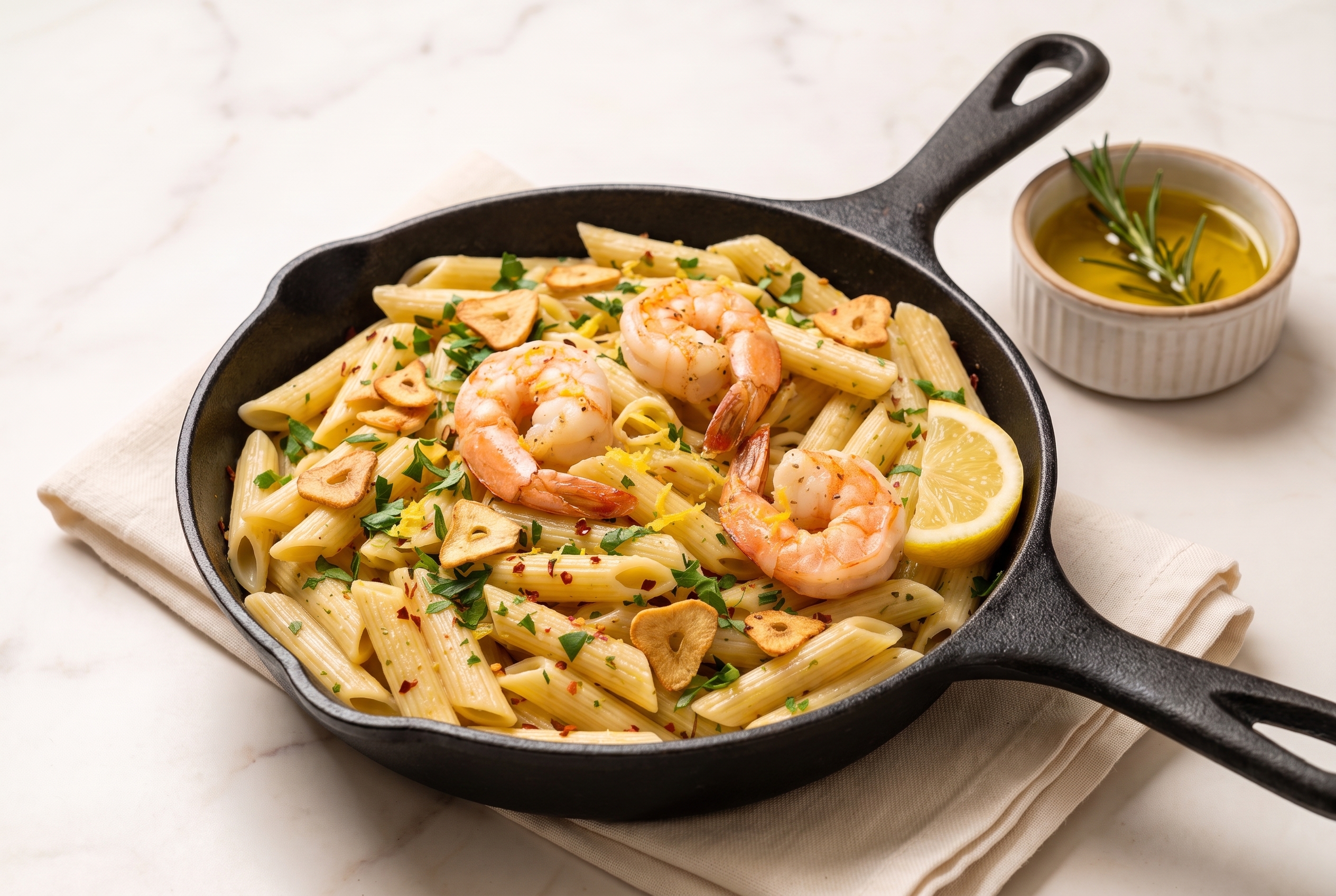 Garlic herb shrimp penne in a small cast iron skillet with three plump shrimp, lemon wedge and olive oil ramekin on the side