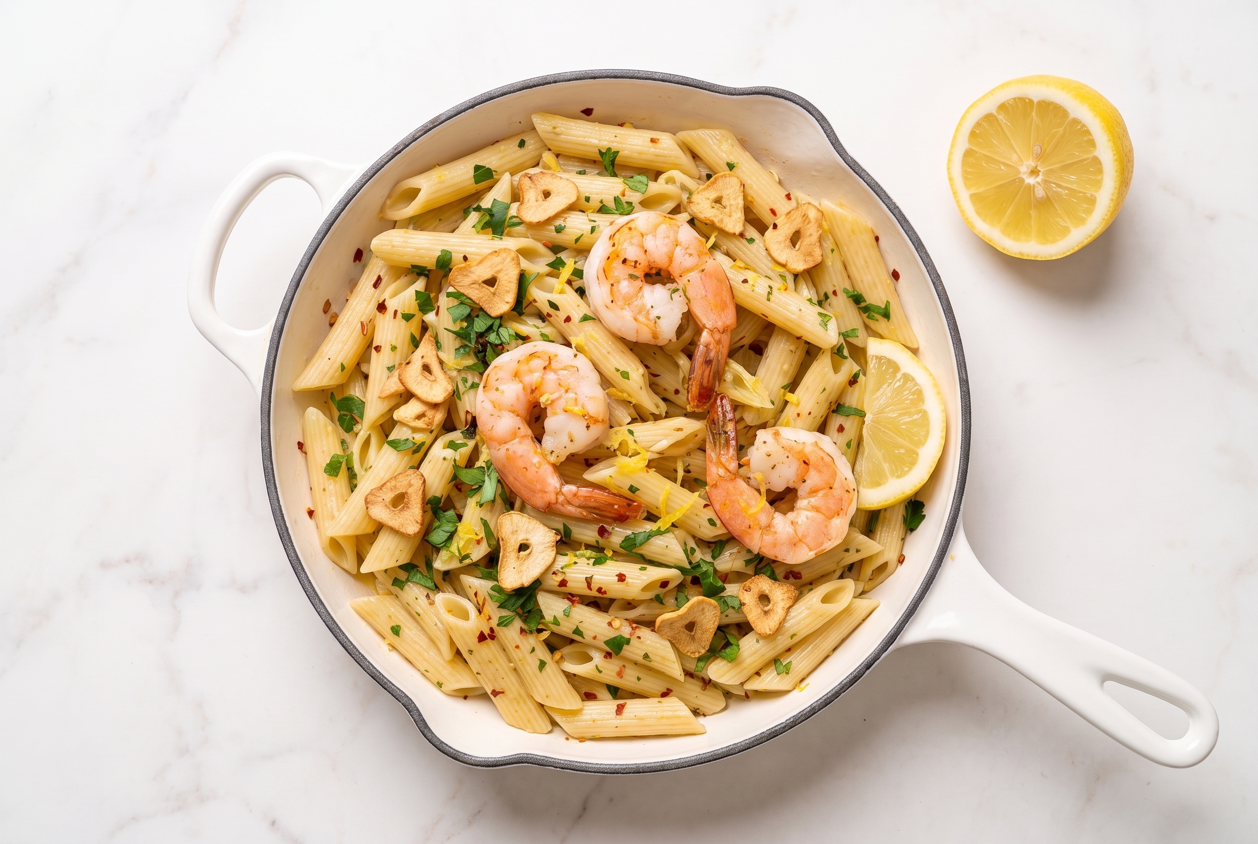 Top-down view of garlic herb shrimp penne in a white enameled skillet with parsley, lemon zest, sliced garlic, and a halved lemon on the side