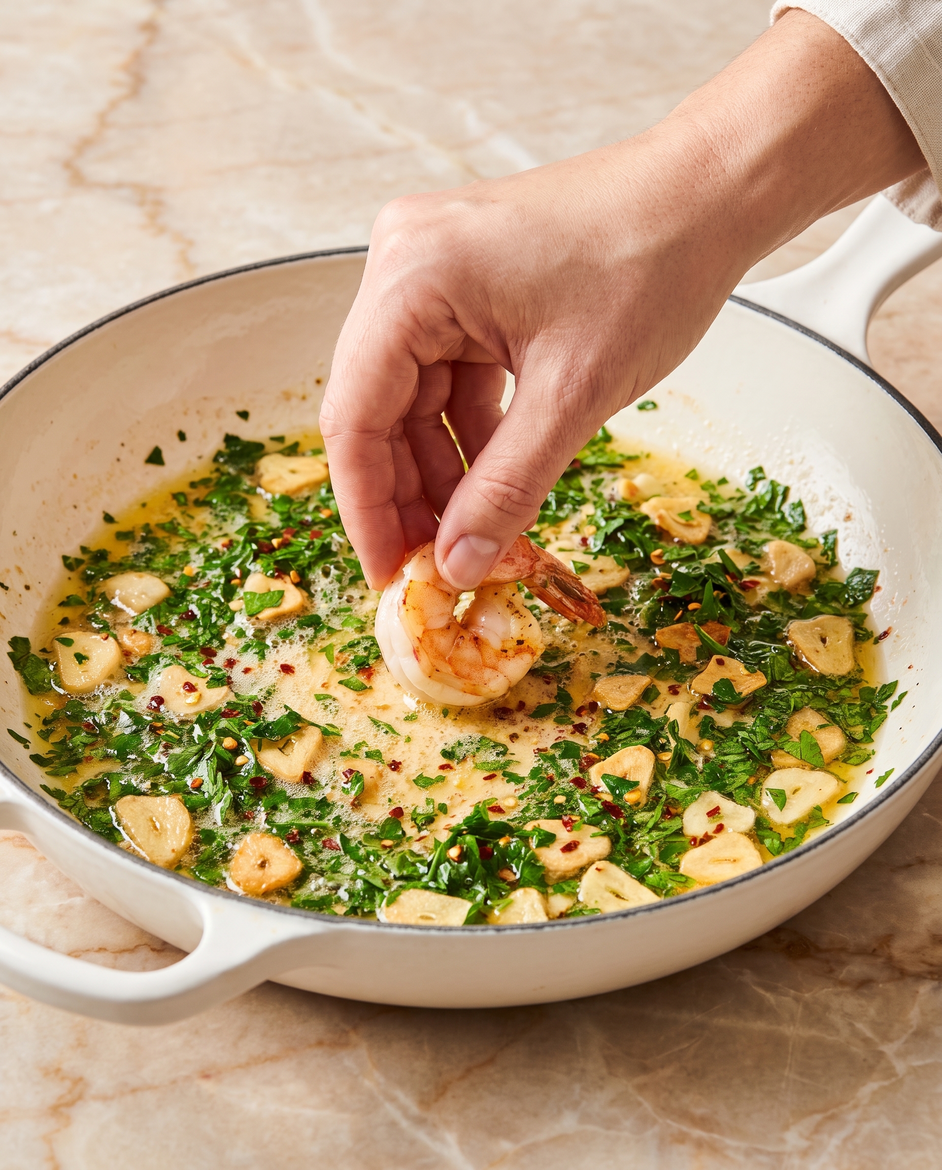A hand placing a plump seared pink shrimp into a white skillet of garlic butter and parsley with sliced garlic chips