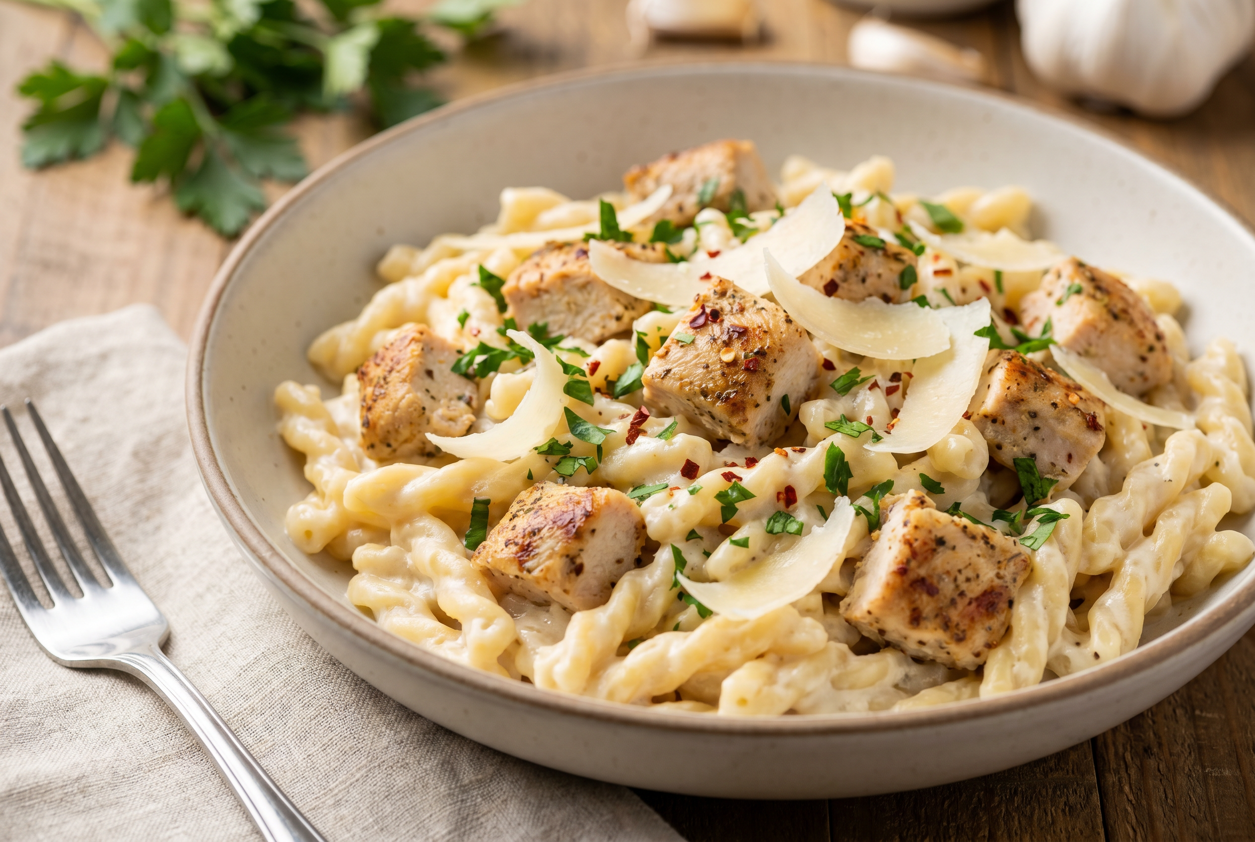 Creamy garlic parmesan chicken pasta garnished with parsley in a ceramic bowl