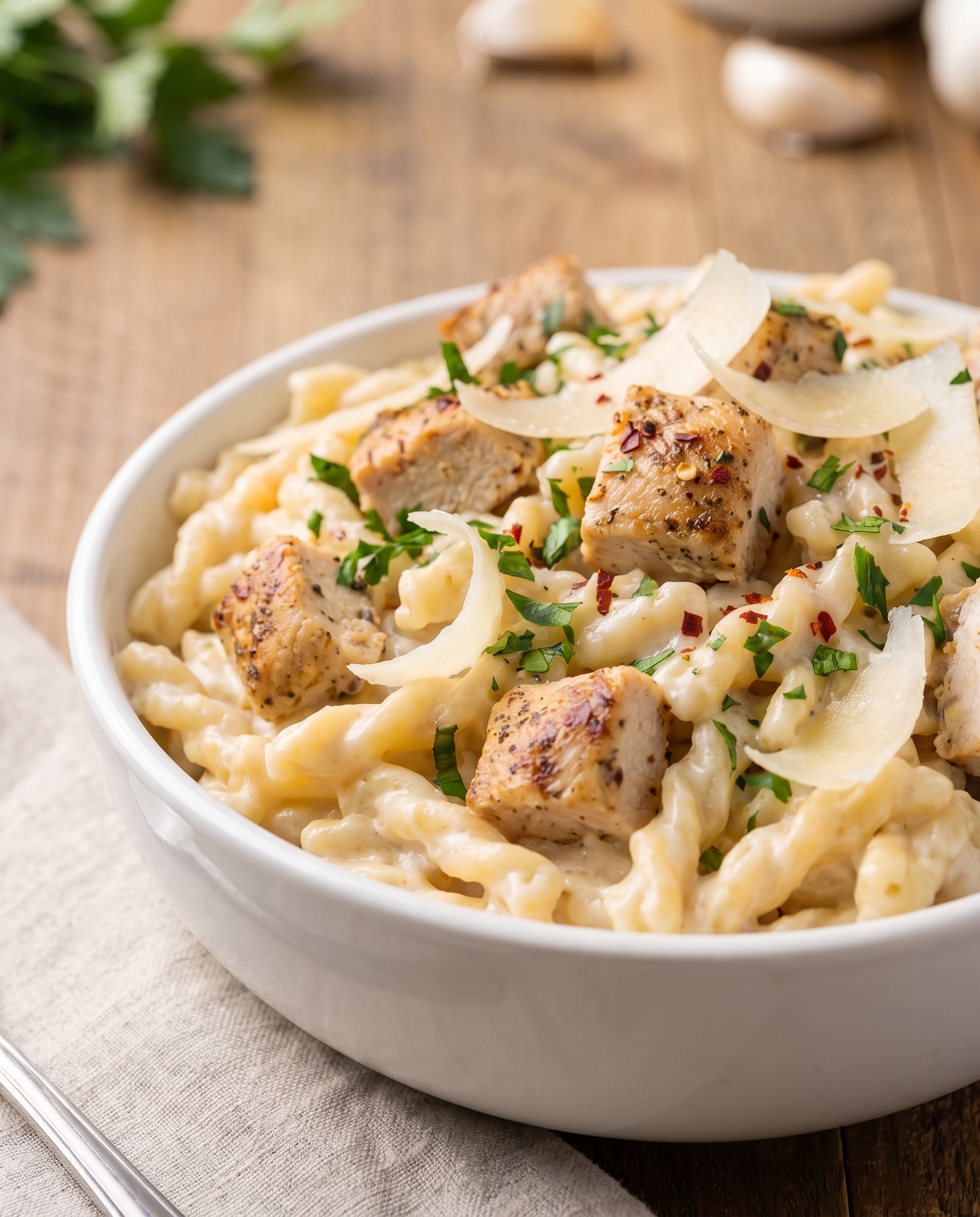 Garlic parmesan chicken pasta in a small white bowl from a low side angle