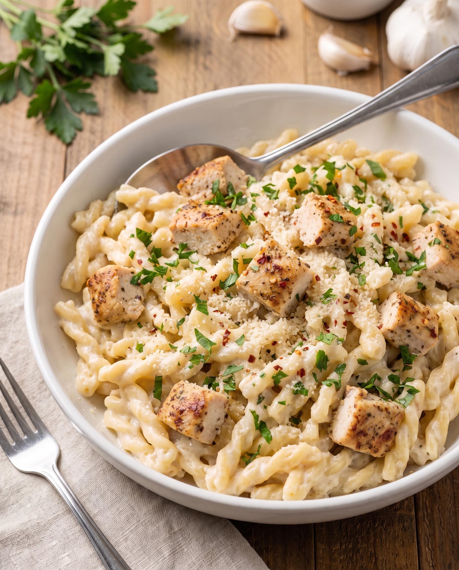 Family-style garlic parmesan chicken pasta in a large serving dish