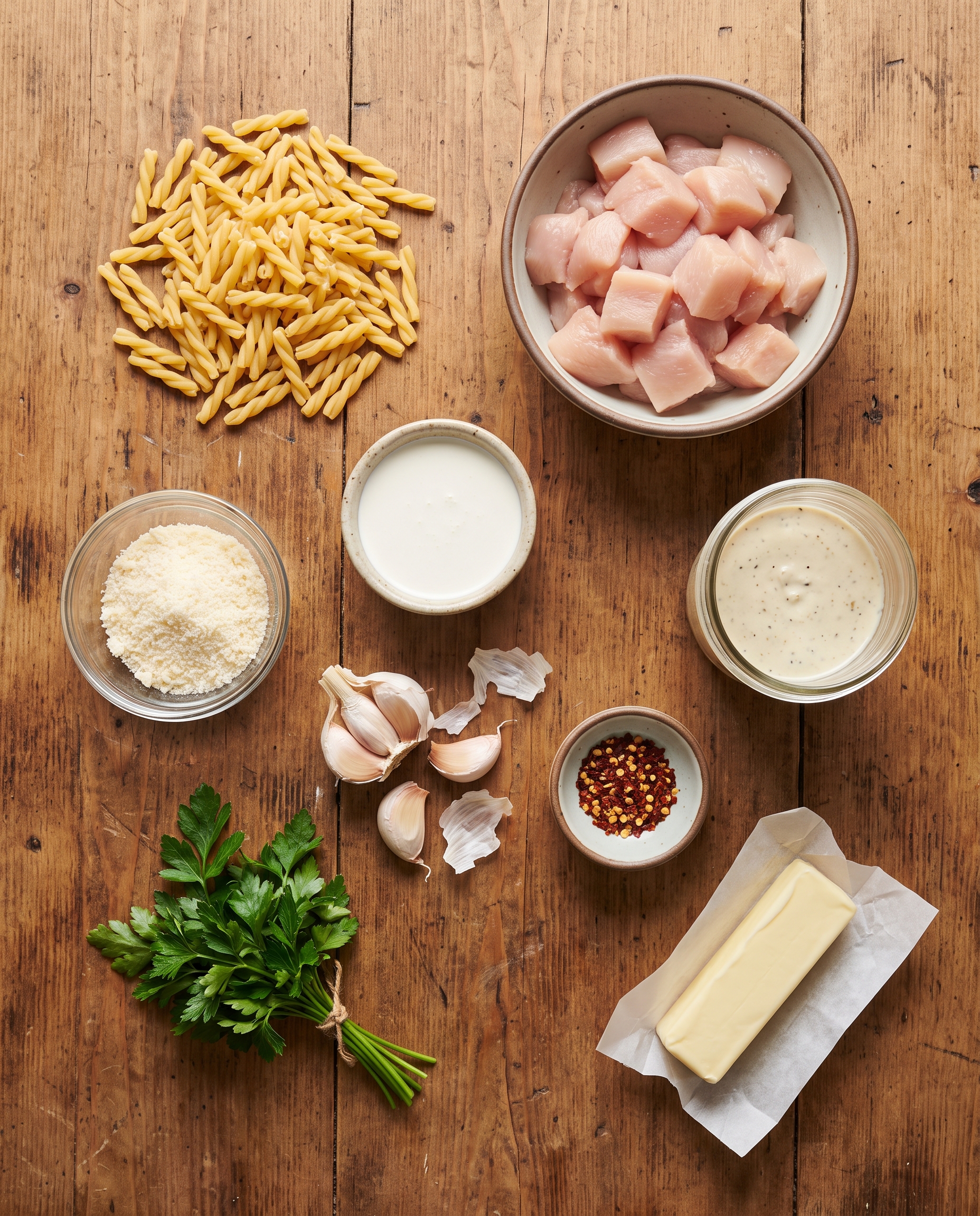Ingredients for garlic parmesan chicken pasta arranged on a wooden table