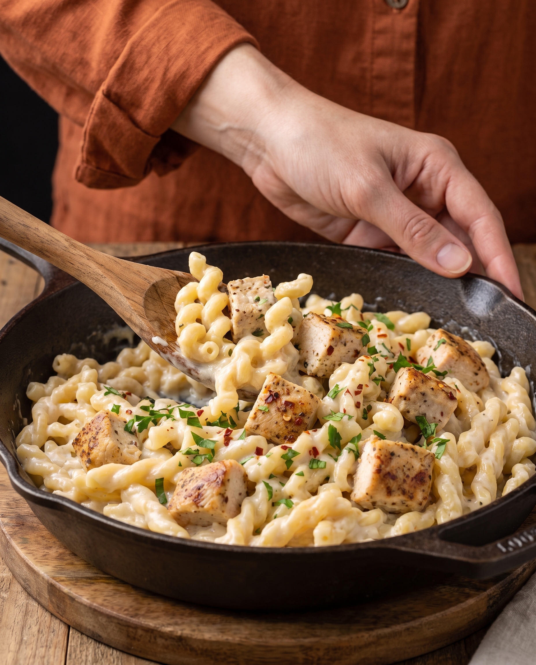Hand stirring garlic parmesan chicken pasta in a skillet
