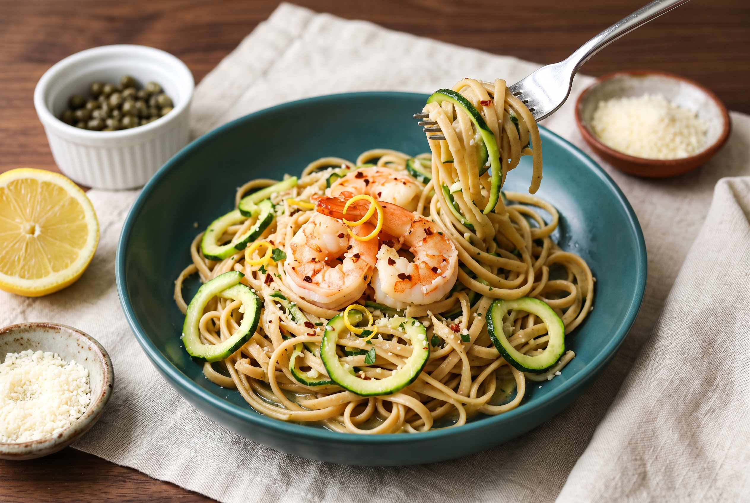 Garlic shrimp scampi with zucchini noodles and linguine in a teal bowl with a fork mid-twirl