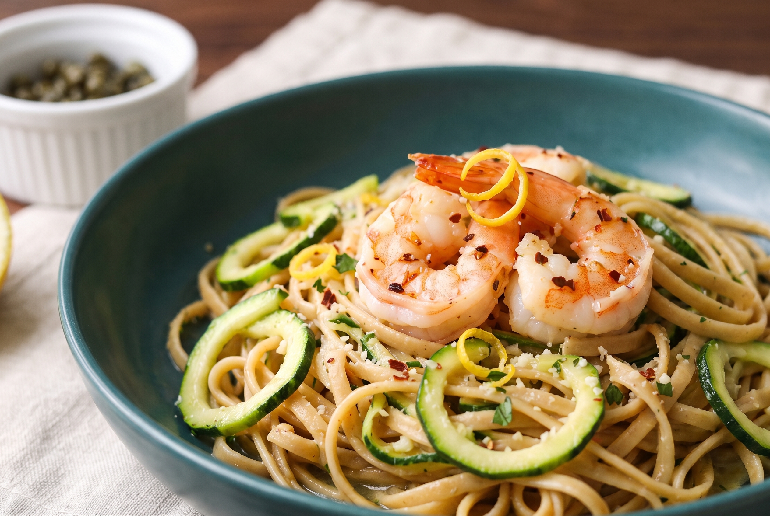 Close-up side view of garlic shrimp scampi zucchini linguine in a teal bowl
