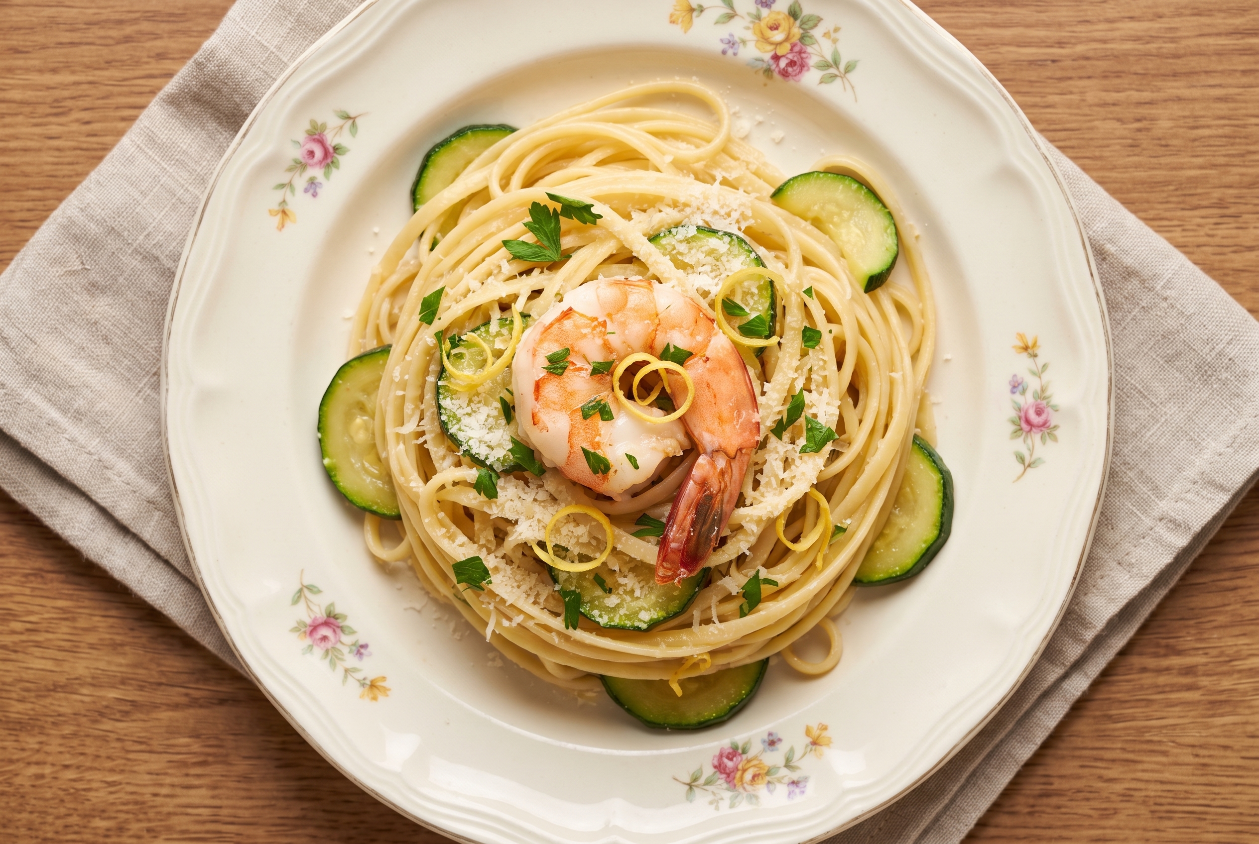 Single portion of shrimp scampi zucchini linguine on a vintage cream plate with parsley