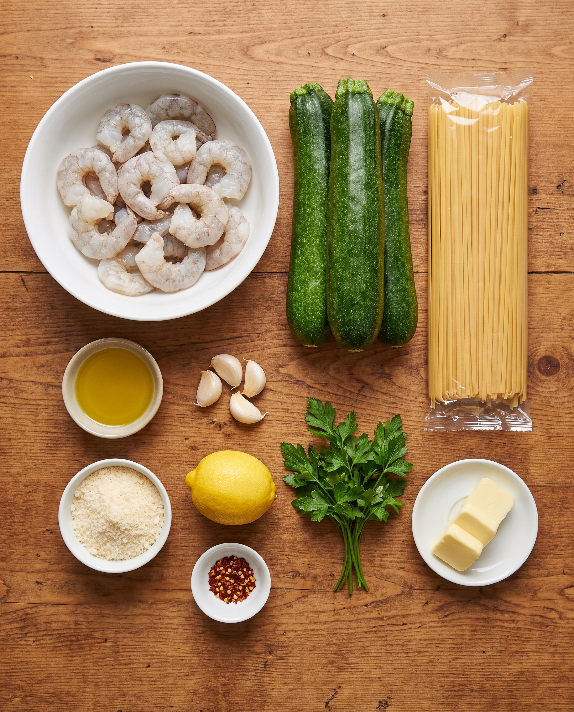 Ingredients for shrimp scampi with zucchini linguine arranged on a wooden table