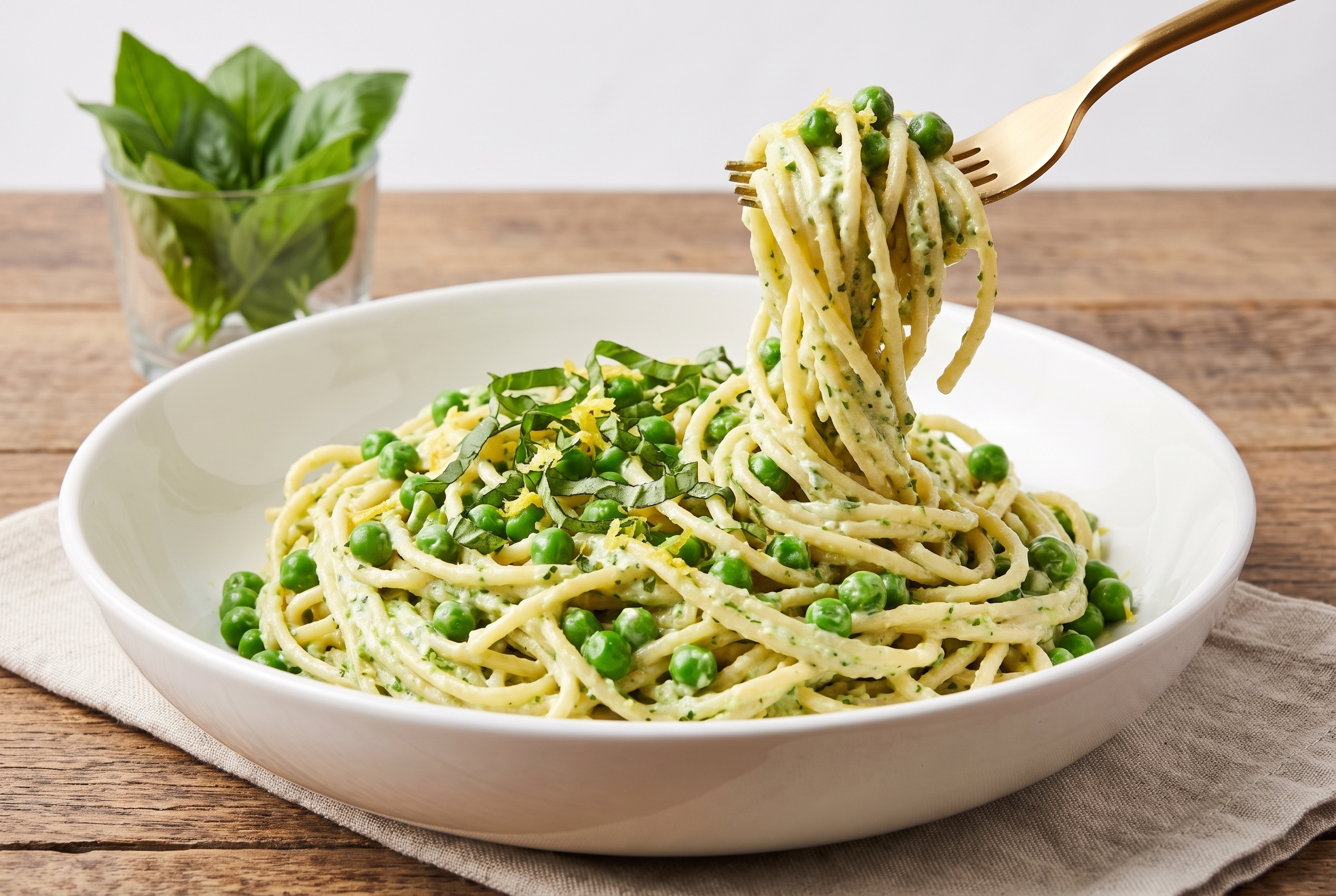 Close-up of lemon basil pea pasta being lifted with a gold fork