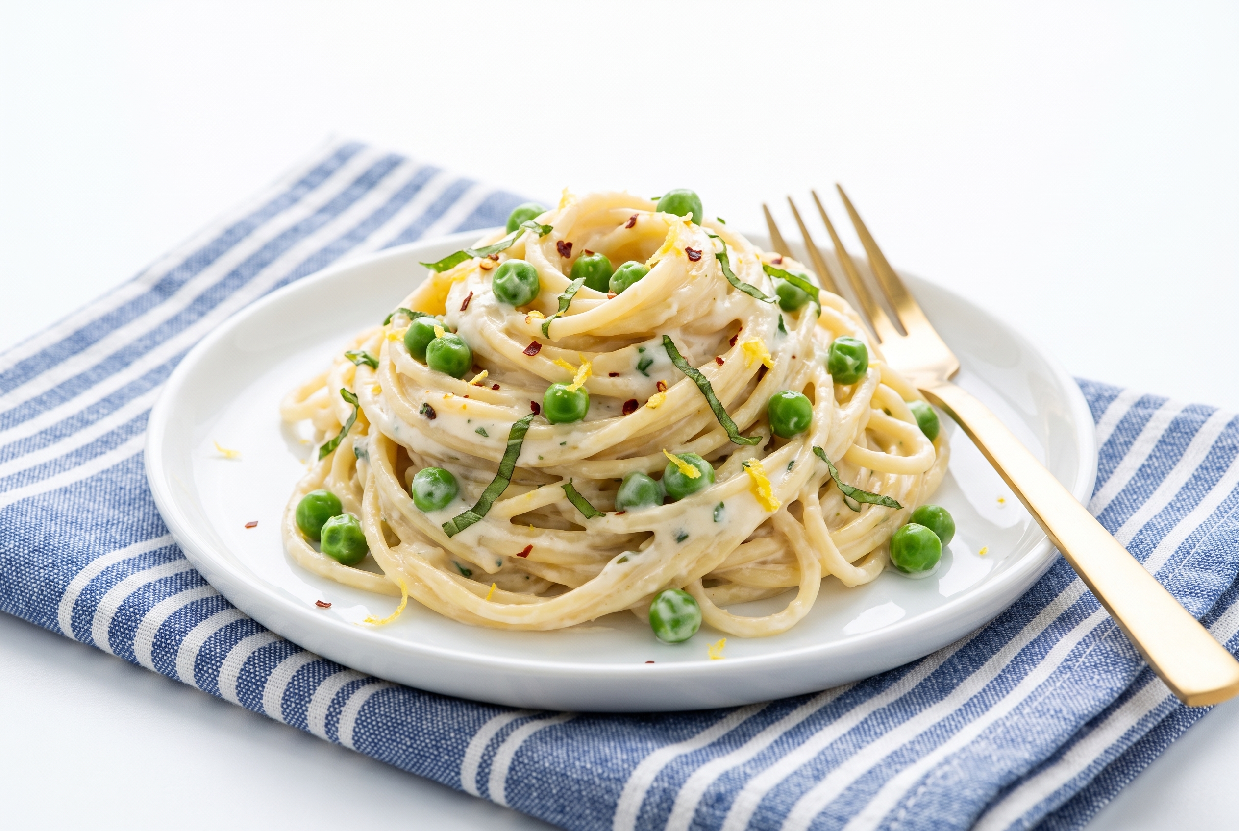 Plated portion of lemon basil pea pasta on a white plate with striped linen napkin and gold fork