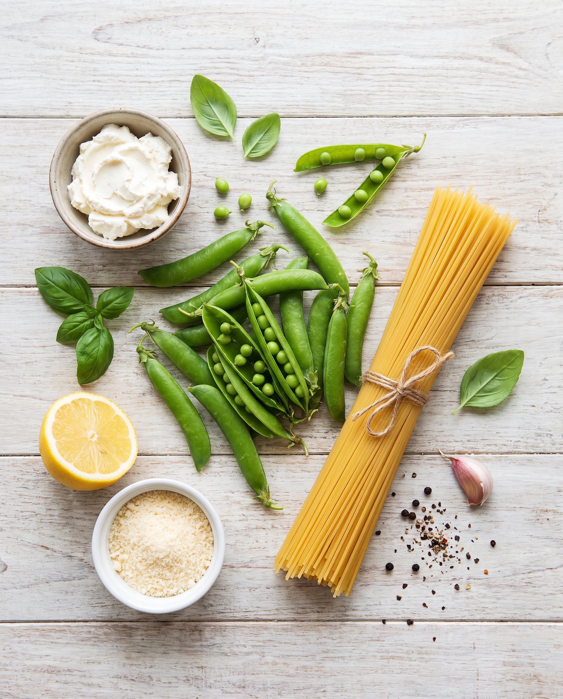 Ingredients for lemon basil pea pasta laid out on a wooden table