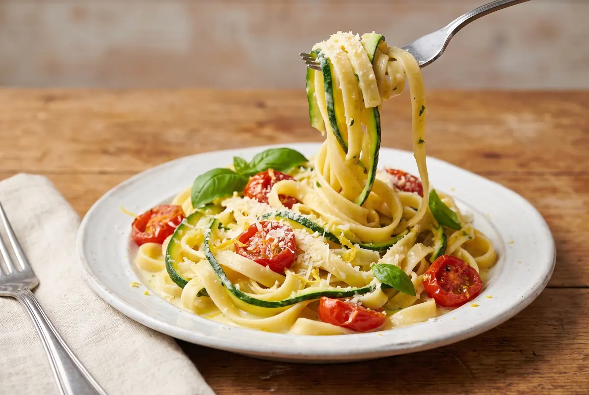 Lemon basil zucchini ribbon pasta on a white plate with blistered cherry tomatoes, fresh basil and lemon zest
