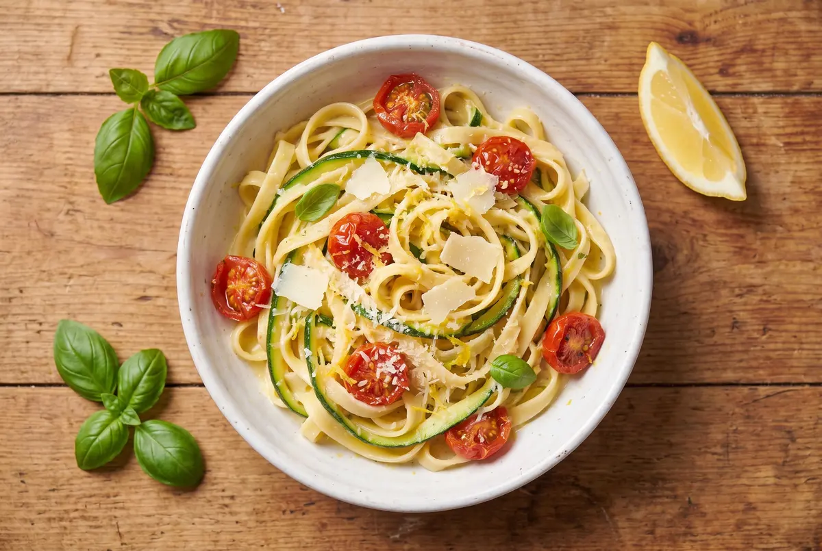 Overhead view of a single serving of lemon basil zucchini ribbon pasta in a small white bowl