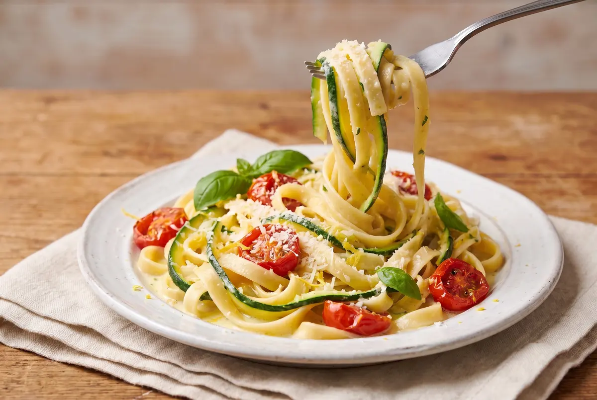 Close-up side view of fork lifting a twirled portion of lemon basil zucchini ribbon pasta