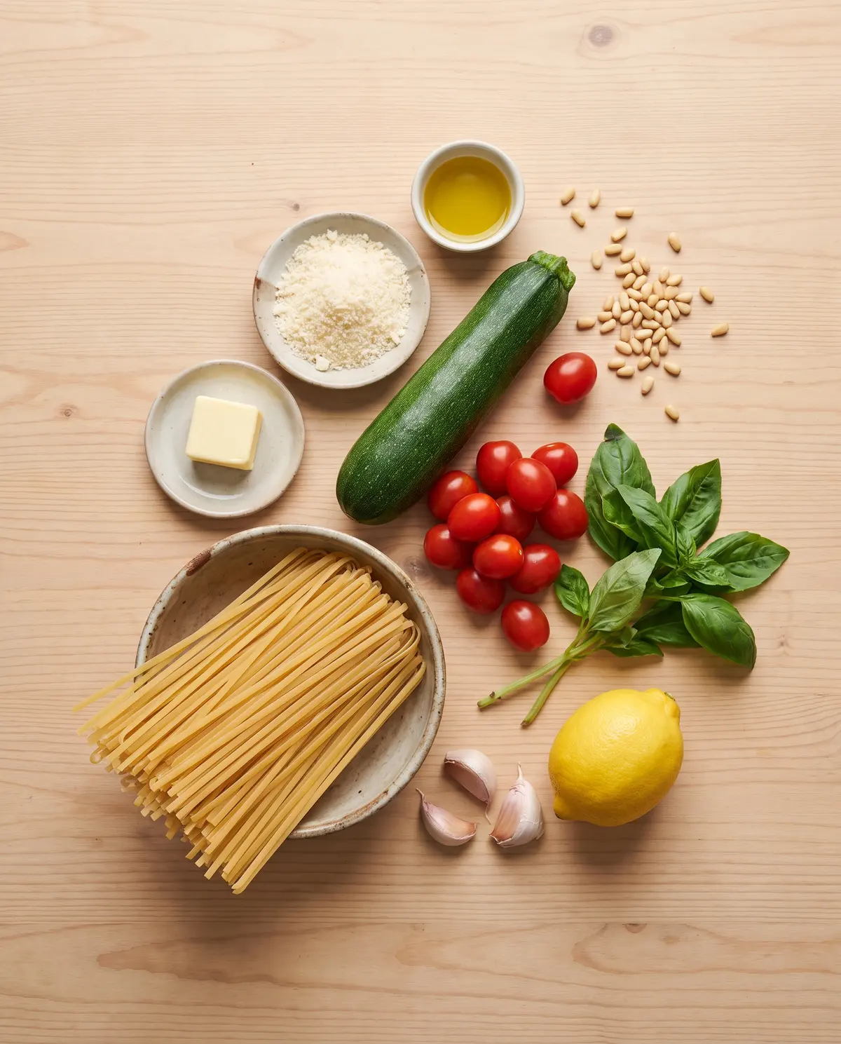 Top-down flat lay of lemon basil zucchini pasta ingredients: linguine, zucchini, tomatoes, basil, lemon, garlic, butter, parmesan, pine nuts on a wooden table