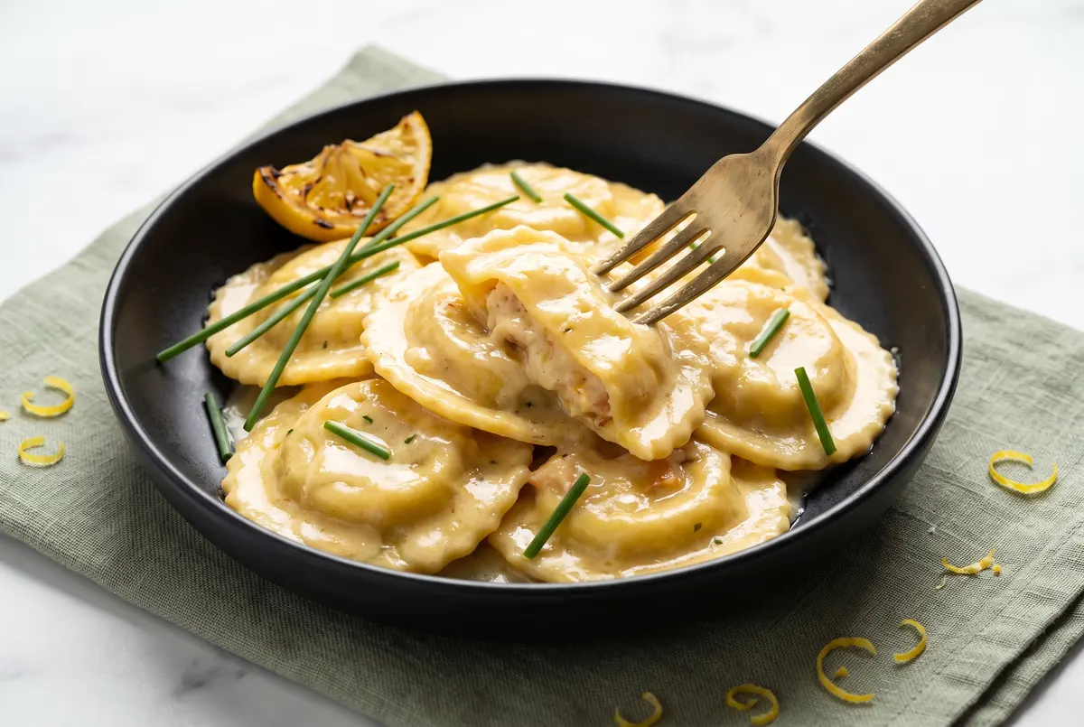 Creamy lemon butter lobster ravioli in a black bowl with brass fork