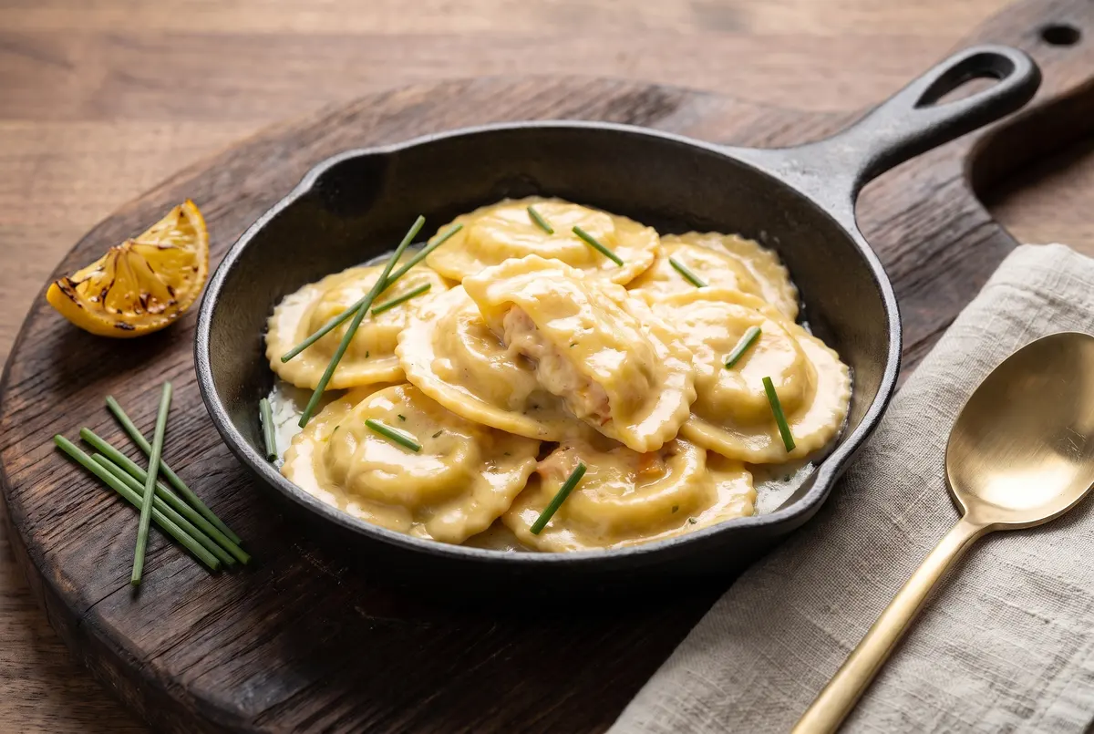 Lobster ravioli served in a small cast iron skillet