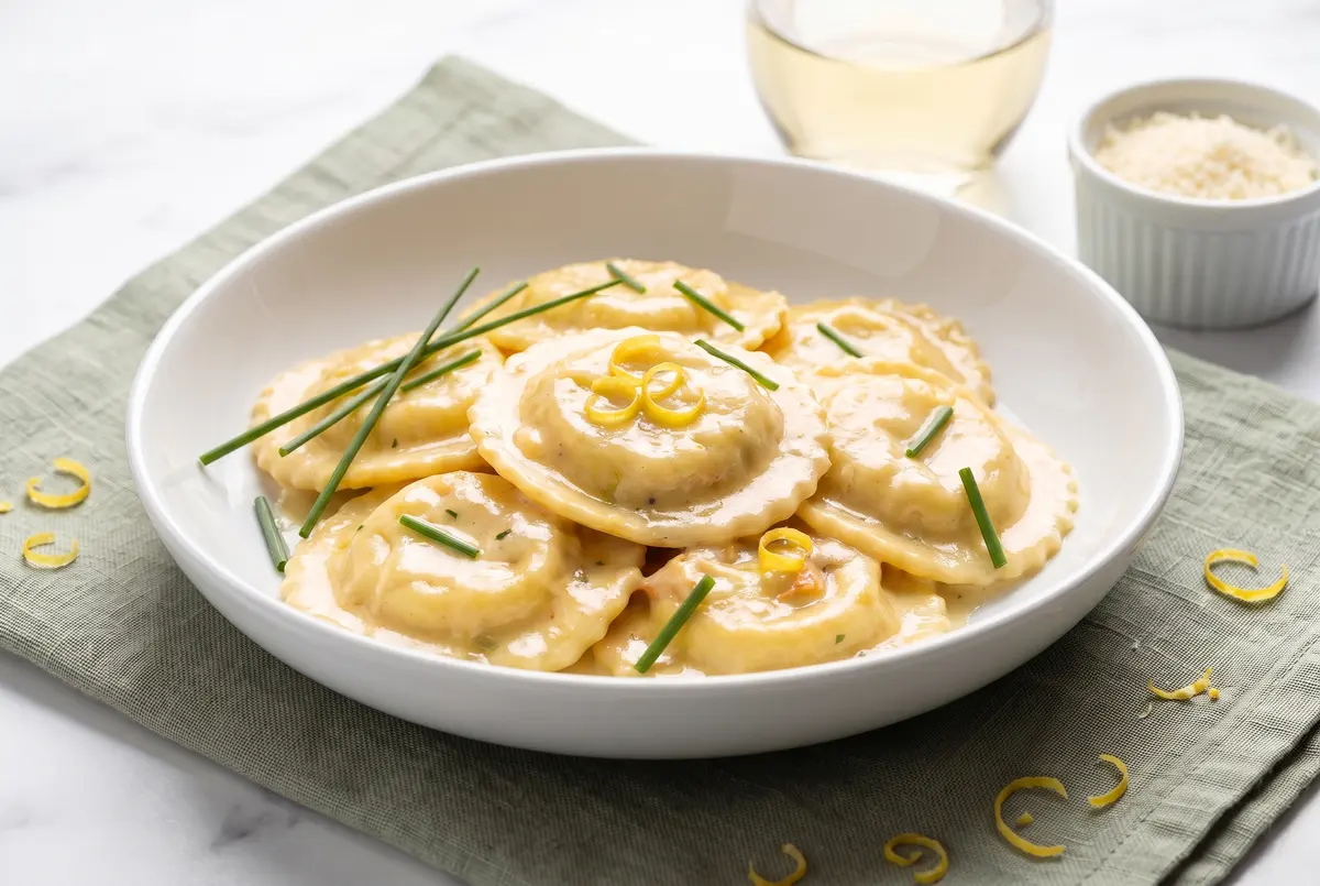 Plated lobster ravioli with chives, lemon zest curls, and a glass of white wine