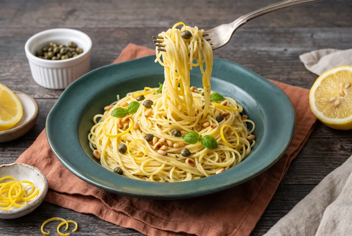 Lemon caper angel hair pasta twirled on a fork over a teal pasta bowl