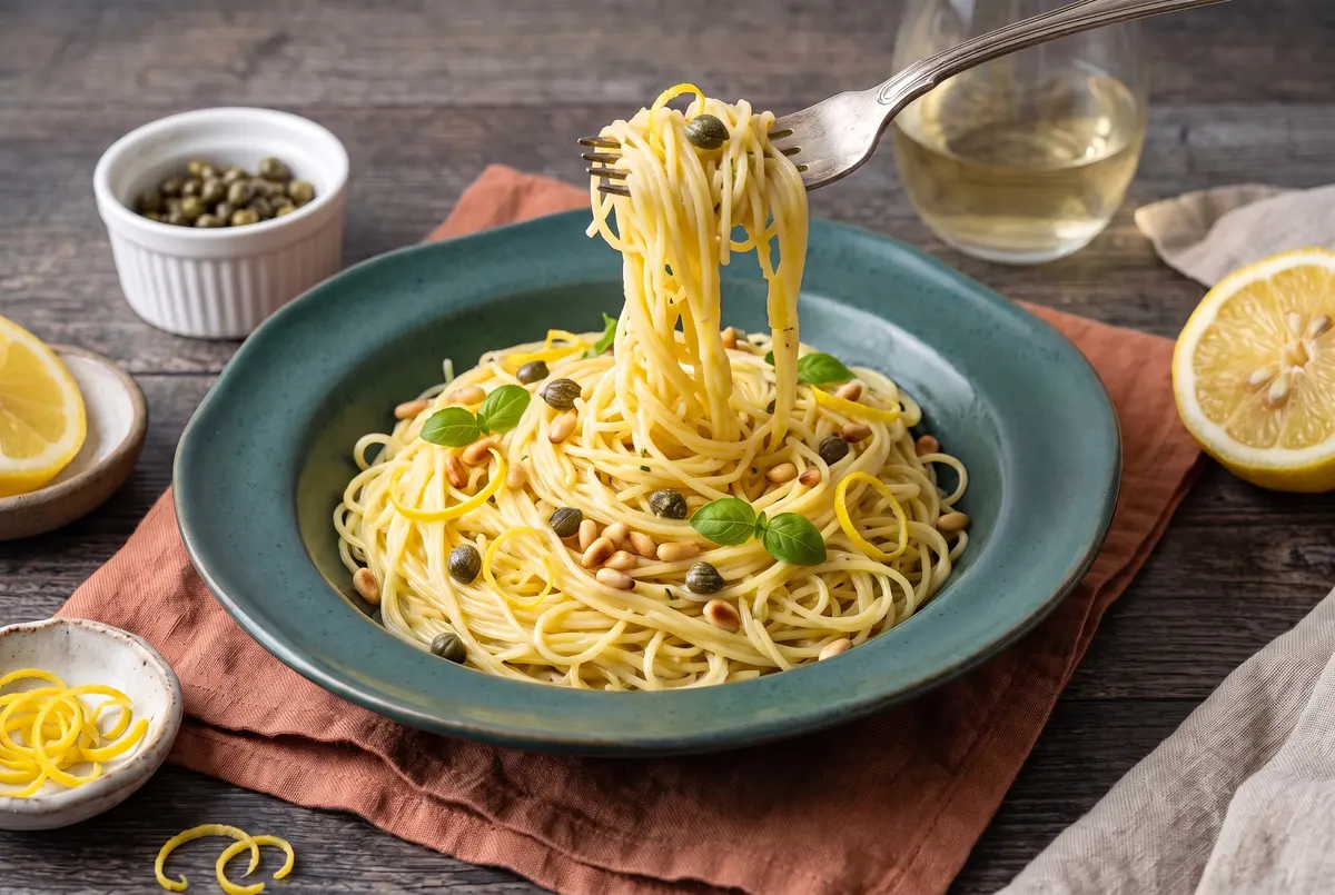 Lemon caper angel hair pasta in a teal pasta bowl on dark wood