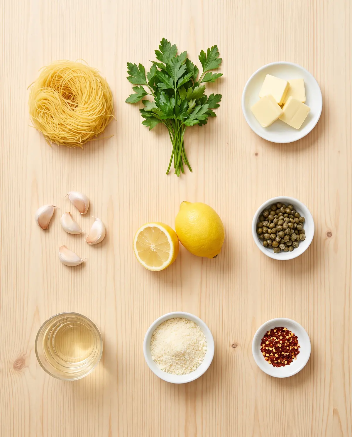 Flat-lay of ingredients for lemon caper angel hair pasta on a wood table