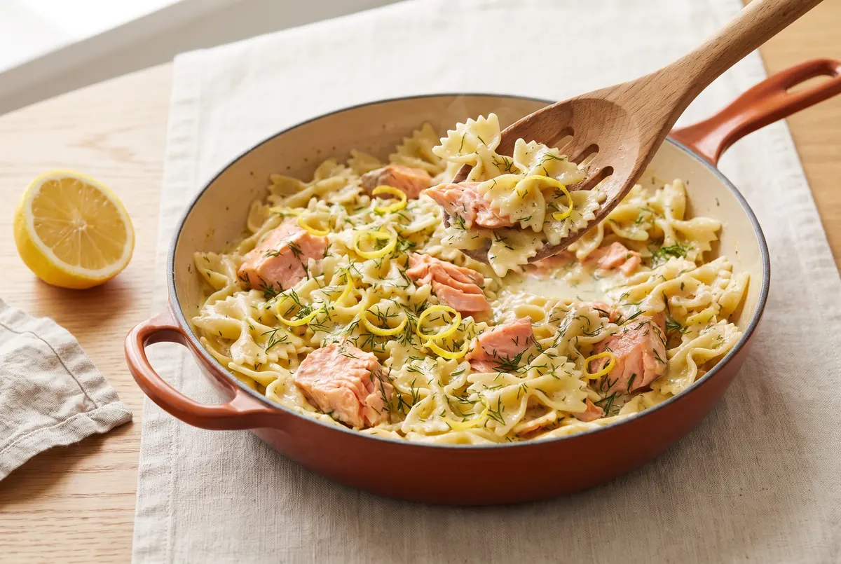 Creamy lemon dill farfalle pasta with flaked salmon in a cast iron skillet