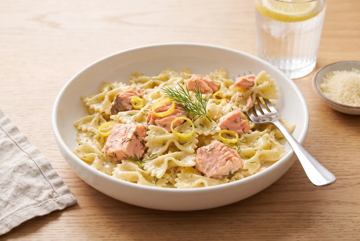 Single serving of lemon dill salmon pasta in a white bowl with a fork