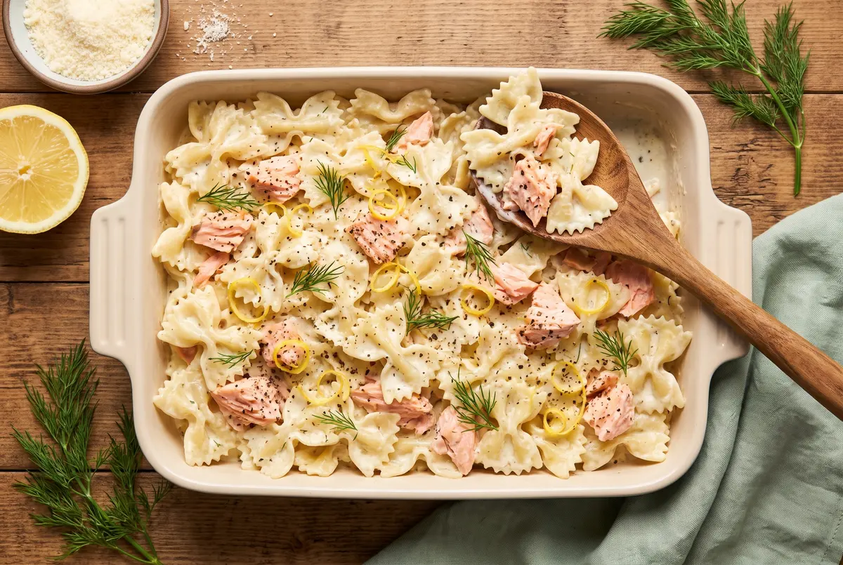 Family-style lemon dill salmon pasta in a baking dish on a wooden table