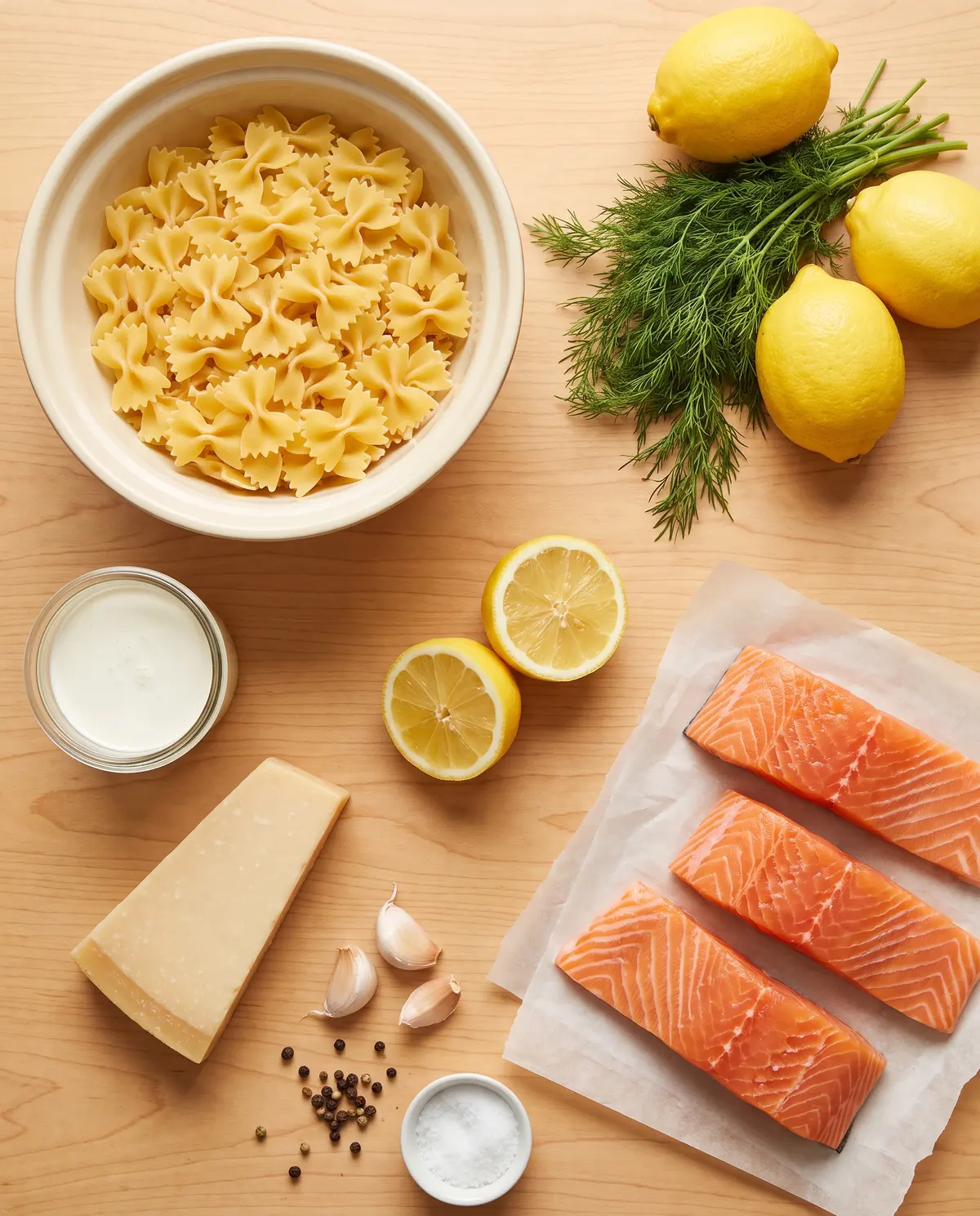 Ingredients for lemon dill salmon pasta laid out on a wooden table