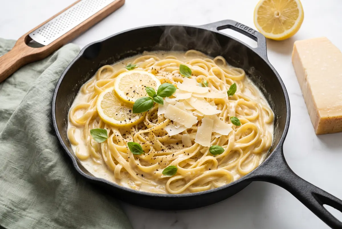 Lemon garlic parmesan linguine in a cast iron skillet