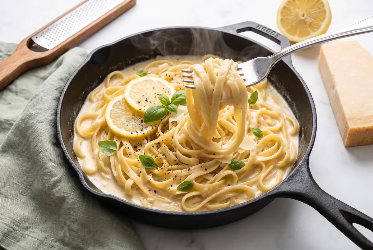 Eye-level view of lemon garlic parmesan linguine being lifted with a fork