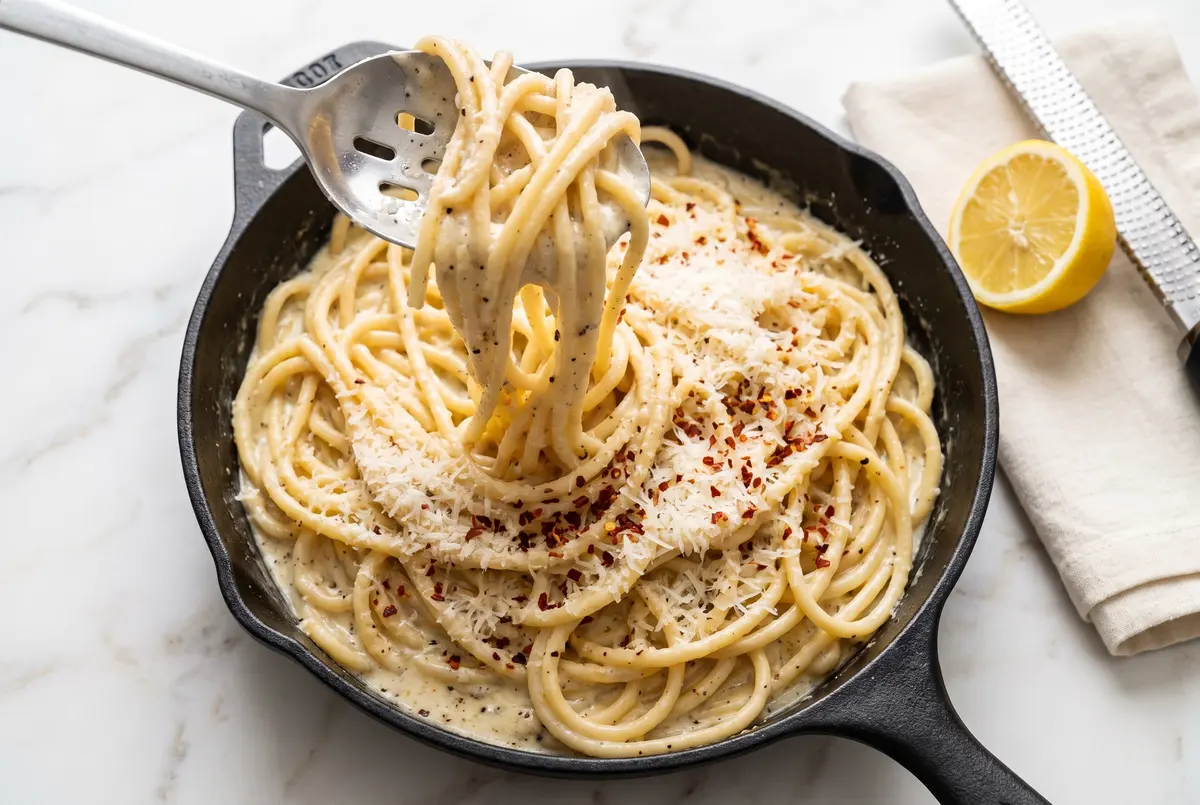Creamy lemon pepper ricotta pasta in a cast iron skillet