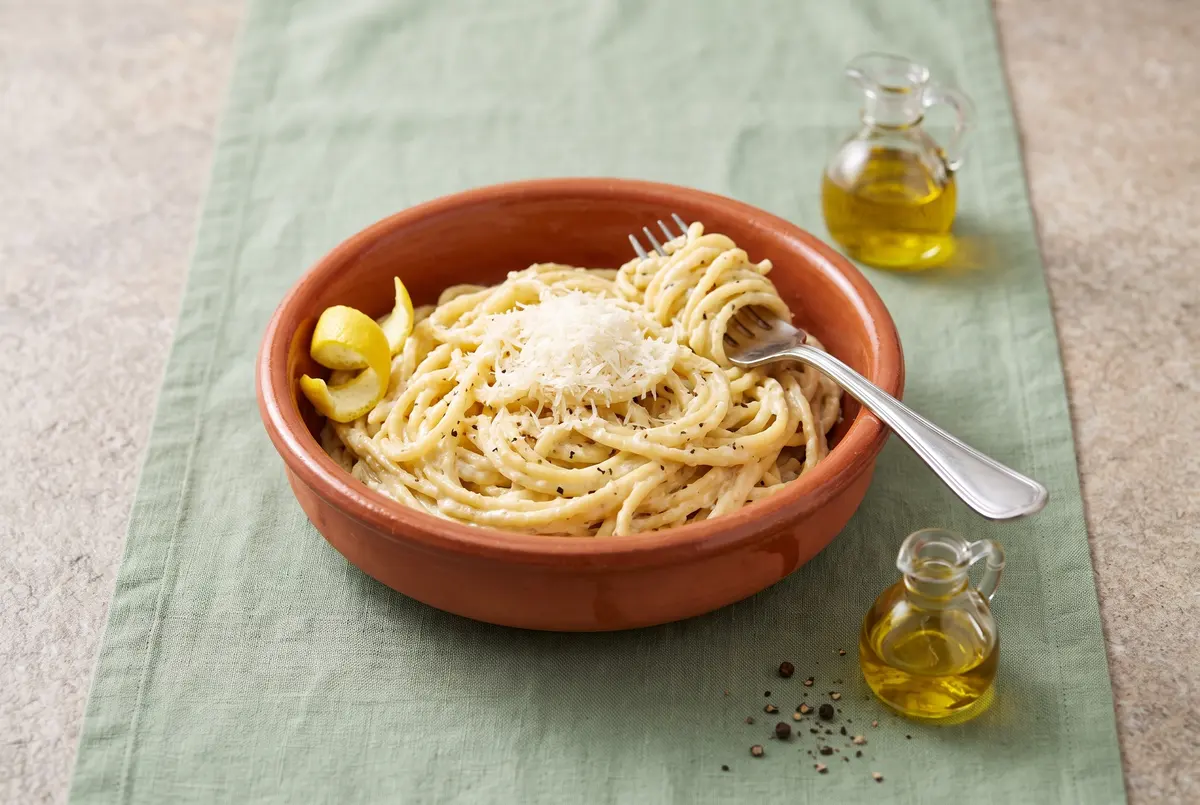 Lemon pepper ricotta pasta in a terracotta bowl with a fork