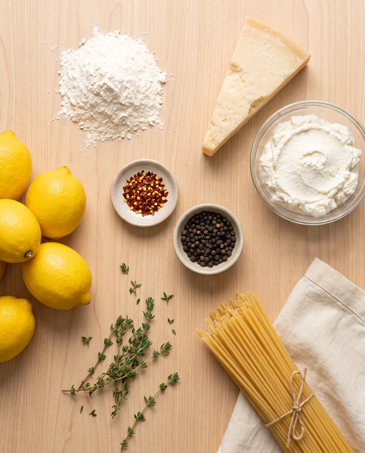 Ingredients for lemon pepper ricotta pasta laid out on a wooden table