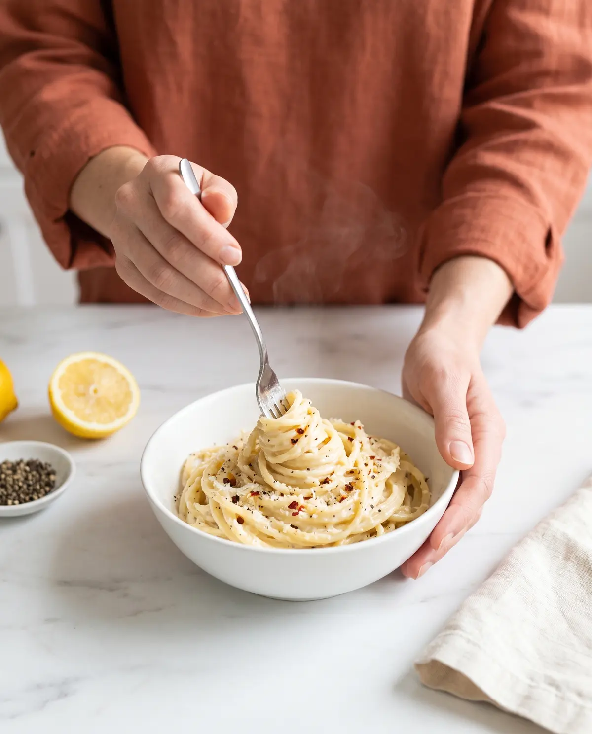 Twirling creamy lemon pepper ricotta pasta on a fork in a small white bowl