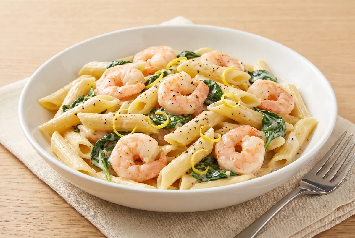 Creamy lemon pepper shrimp penne pasta in a white bowl