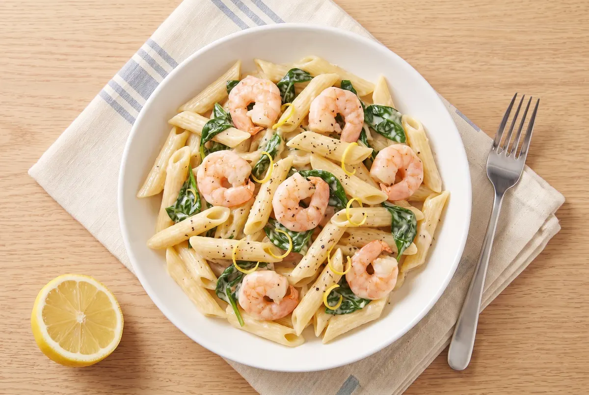 Overhead view of lemon pepper shrimp penne with lemon and parmesan