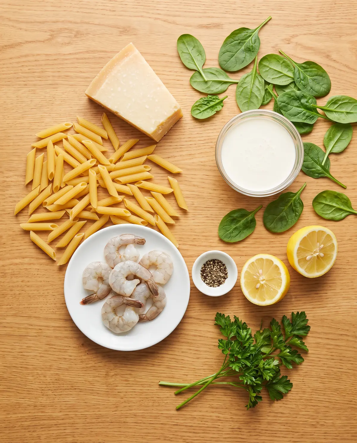 Ingredients for lemon pepper shrimp penne arranged on a wooden table
